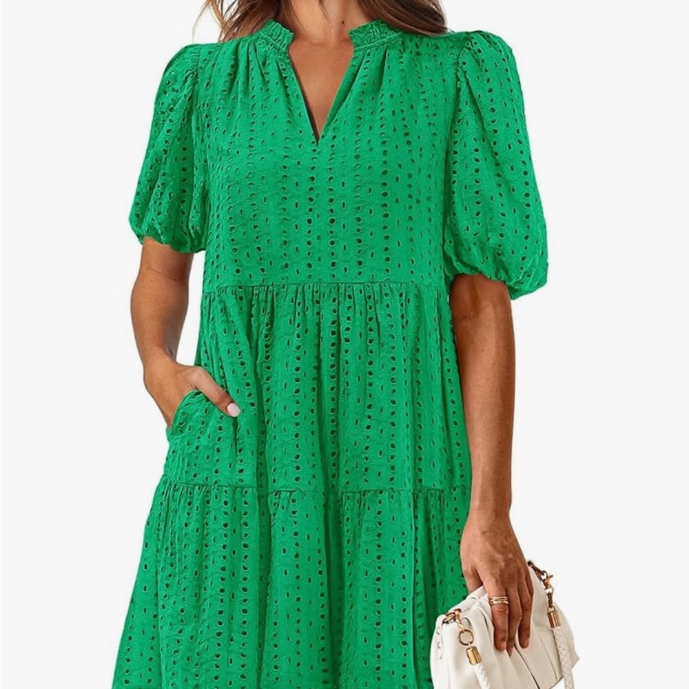 Elegant Green Puff Sleeve Midi Dress